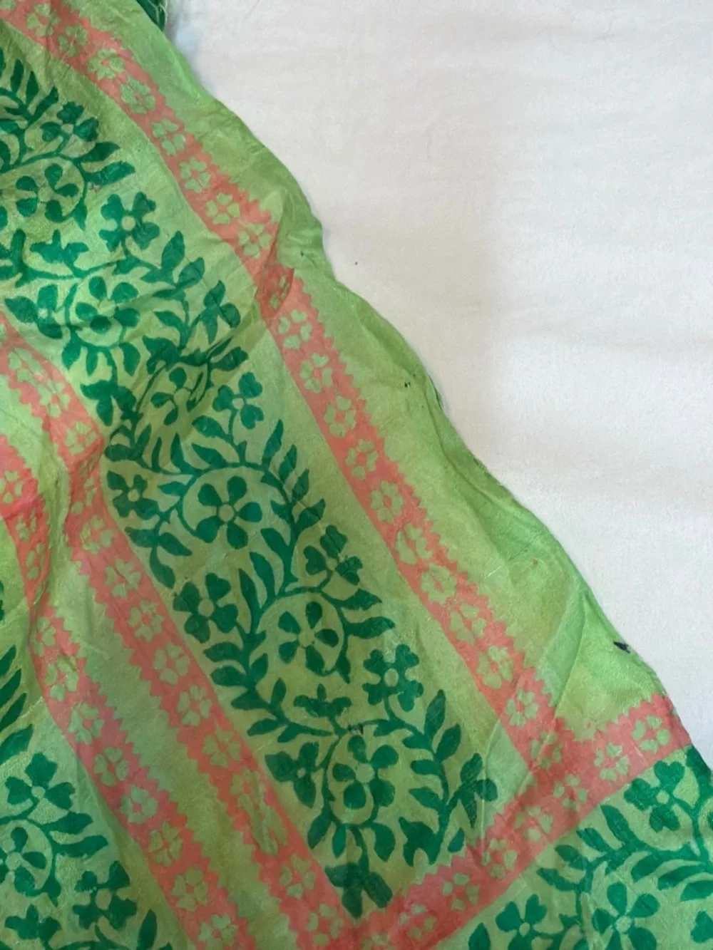 Hand Woven Indian Silk Floral Scarf Green Pink Boho
